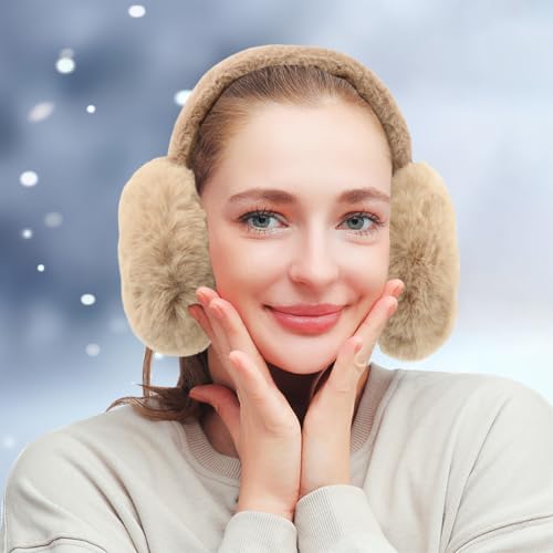 Ranjaner Winter Ear Muffs Women, Faux Fur Winter Girls Fuzzy Earmuffs, Foldable Fluffy Ear Covers, Outdoor Warm Ear Covers Large (COLOR:Khaki)