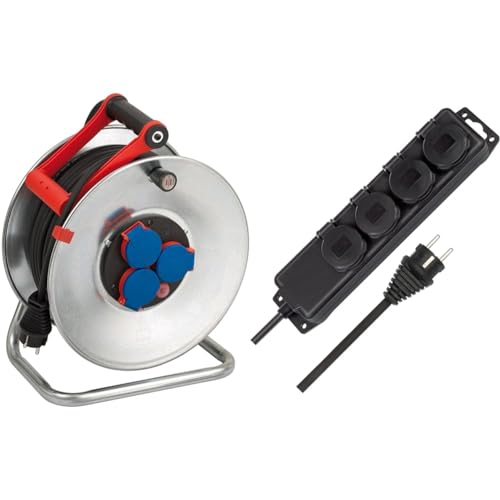 Brennenstuhl Garant S IP44 Kabeltrommel, 50m - Stahlblech & Steckdosenverteiler IP44 4-fach (Steckdosenleiste für den Baustelleneinsatz und den ständigen Einsatz im Freien, 2m Kabel) schwarz