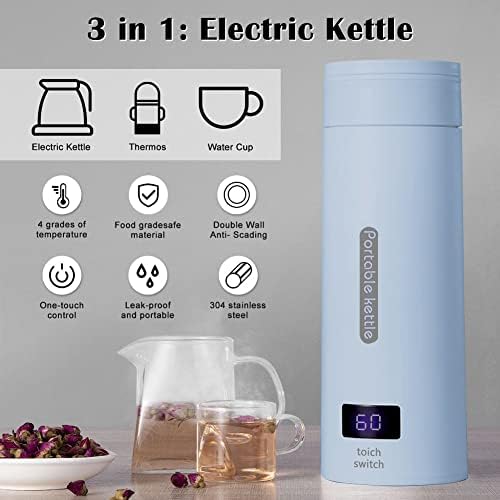 Travel Portable Electric Kettle with LCD Display, Mini Temperature Control Electric Kettle 4-stage Temperature Adjustment, Automatic Shut-Off Electric Heating Cup for Car Camping Tea Coffee (Blue)