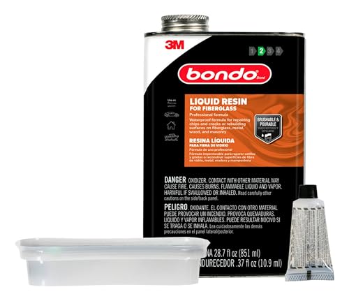 3M Bondo Fiberglass Resin 28.7 US Fl oz Filler with 0.37 Fl oz Hardener Stage 2 Waterproof Formula for Repairing Resurfacing or Rebuilding Metal Wood Fiberglass or Masonry Surfaces (00402)