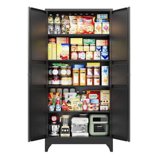 Letaya 76" H Metal Garage Storage Cabinets,Black Tall Kitchen Pantry Locker