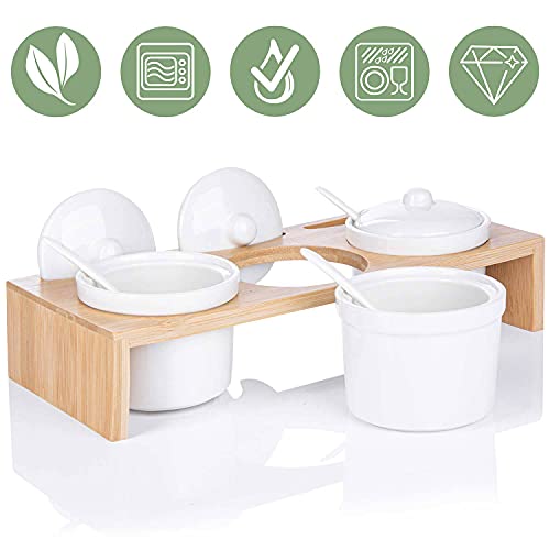 GOODS+GADGETS Servierschalen Set aus Porzellan-Schalen mit Löffeln und Deckeln; 3 Schälchen im Servier-Tablett & Servierbrett-chen als Gewürzbehälter für Snacks, Öle, Salz, Gewürze, Chili & Dressing