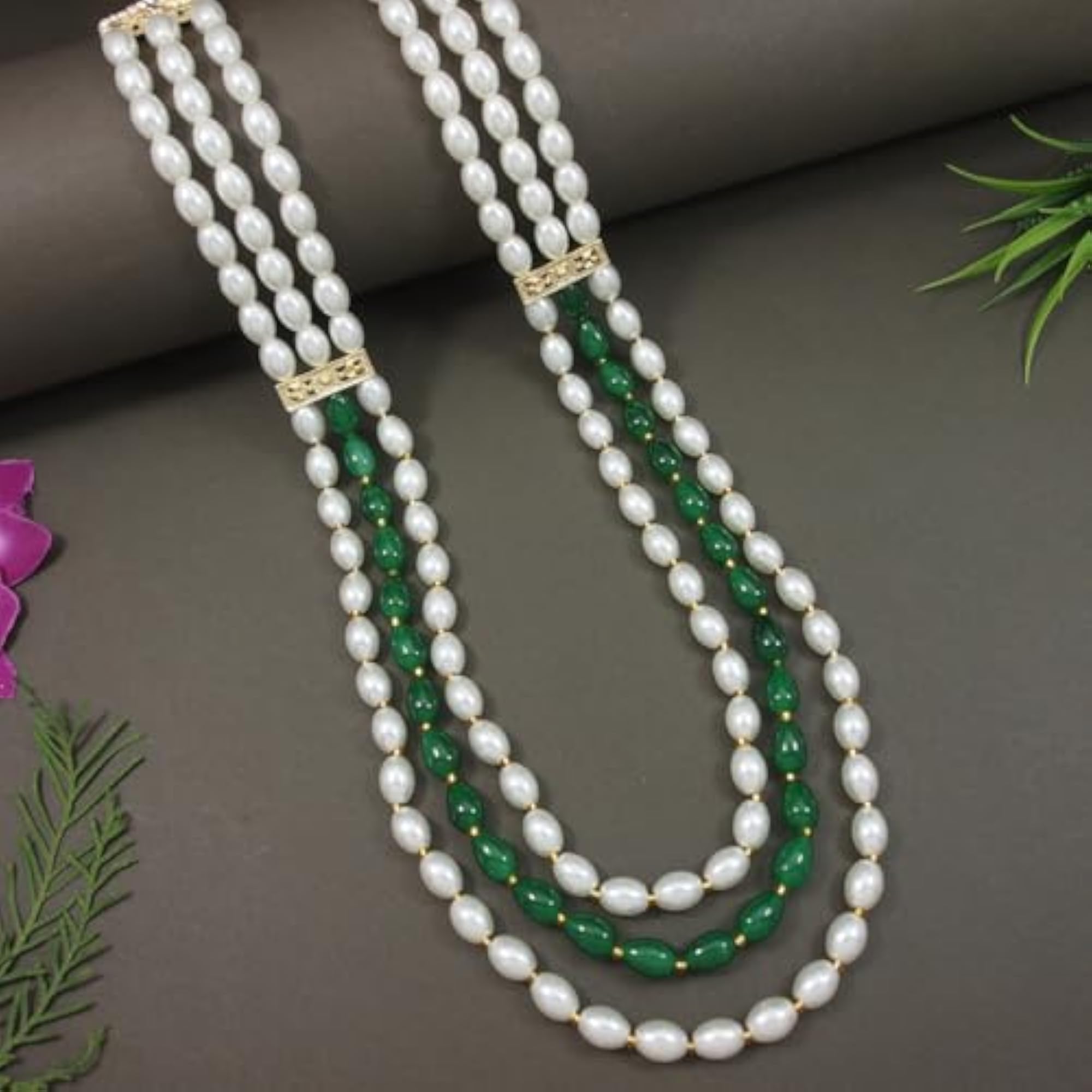 3 Layered Traditional Gold Plated Dulha Moti Mala Necklace for Men