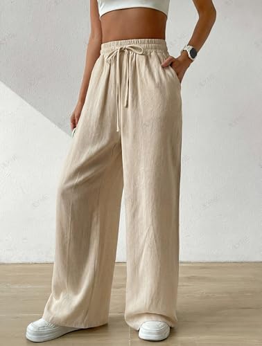 Image of ALYNE Women's Wide Leg Pants High Waisted Linen Look Textured Blend Drawstring Palazzo Trousers with Pockets Casual Relaxed Fit Flowy Soft Comfort Long Pants