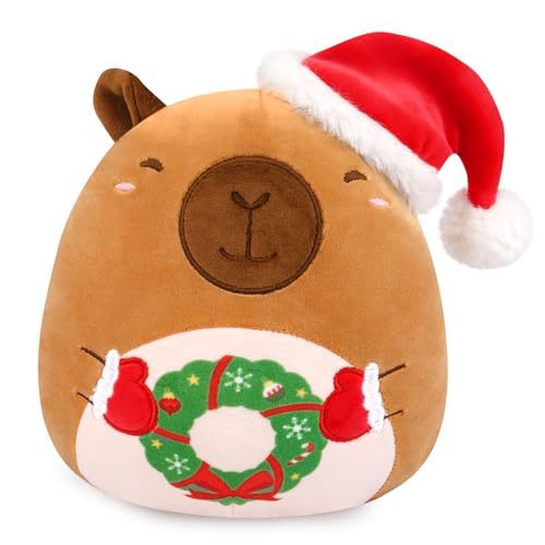 Yamepuia Christmas Capybara Plush,Cute Capybara Christmas Soft Toy with Xmas Hat,20cm Soft Hugging Xmas Capybara Plush Pillow Toy Gifts for Kids Boys Girls