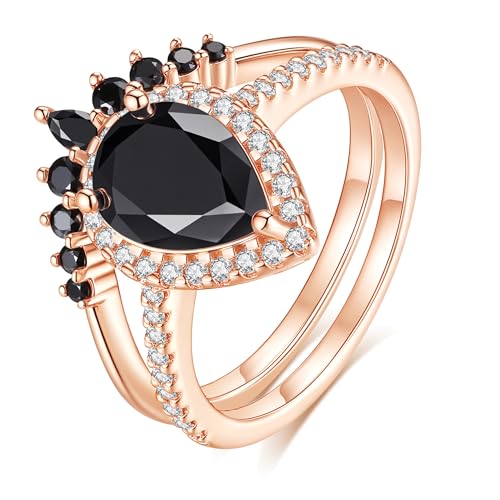 2CT Moissanite Wedding Ring Set for Women Black Color VVS1 Pear Shaped Halo Bridal Ring Sets S925 Sterling Silver with 18K Rose Gold Plated Engagement Anniversary Rings for Her Size 5-102