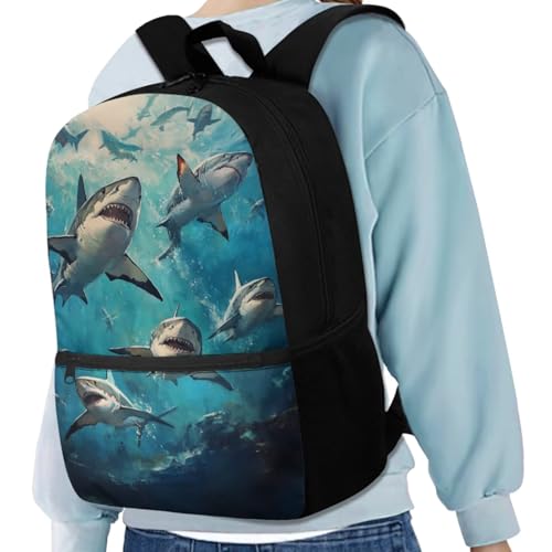 Shark Backpack for Boys Kids Backpack with Lunch Box Water Bottle Carrier Pencil Holder Pouch and Leather Bookmark 5 Pcs Set 17" Lightweight Elementary Bookbag with Front Pocket for School2