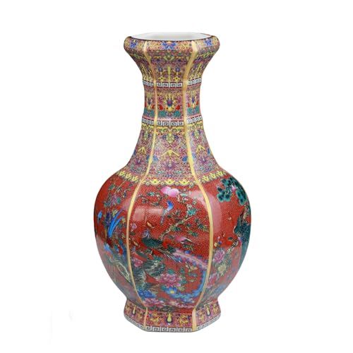 Kaolirra Ceramic Vase - 9.84 Inch Hexagonal Enamel Red Floral Vase with Phoenix Pattern, Chinese Home Decor for Living Room, Gift for Hosewarming
