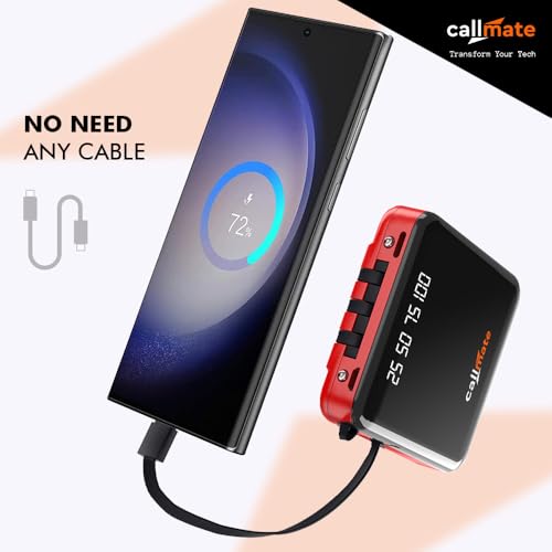 Image of Callmate 10000mAh Power Bank, 15W Fast Charging| Buit-in 3-in-1 Cables | 4 Output Ports and 2 Input | Digital Display | LED Torch| for iPhone, Smartphones & Other Devices (Red, Lithium Polymer)