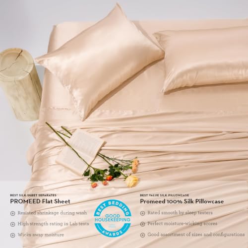 Image of PROMEED 100% 23 Momme Mulberry Silk Sheets Queen Set 4pcs, Champagne