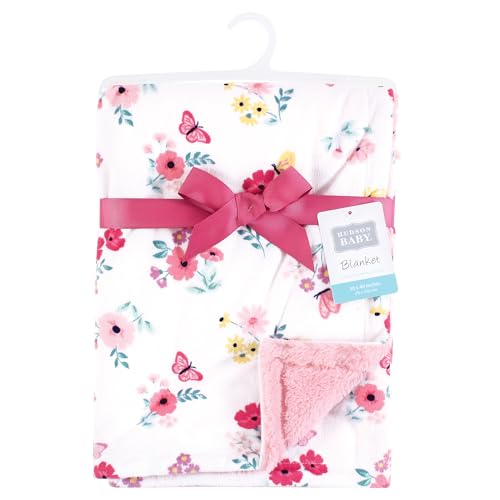 Image of Hudson Baby Unisex Baby Plush Blanket with Furry Binding and Back, Butterfly Floral, One Size