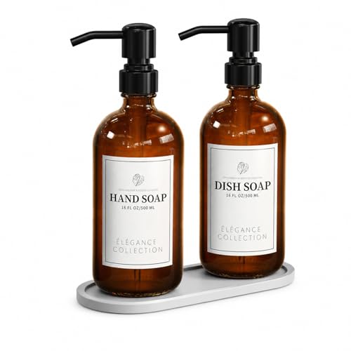 Image of Fachixy Amber Glass Soap Dispenser (2 Pack), 16 Fl Oz Hand & Dish Soap Dispenser Bottles Set with Leak-Resistant Stainless Steel Pump, Non-Slip Pad, 14 Waterproof Labels for Kitchen and Bathroom
