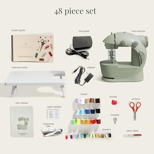 Image of Hearth & Harbor Mini Sewing Machine for Beginners, Dual Speed Small Portable Sewing Machine for Kids and Adults with Extension Table, 48 Piece Gift Set Includes, Pedal, Projects Book and More, Green