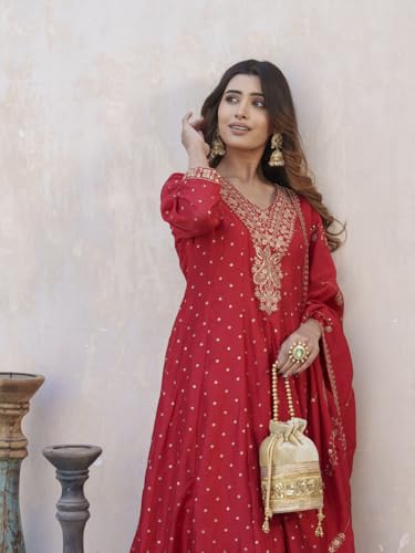 Image of Kaari Women's Embroidered Kurta Set with Dupatta - Festive Kurta Set for Women Polyester Blend