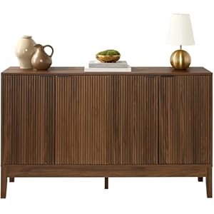 Best Choice Products 4-Door Modern Storage Cabinet, Buffet, Sideboard, Media Cabinet, Cupboard, Entryway Accent Storage Table, Bookcase w/Reed Panels and Adjustable Shelves – Walnut