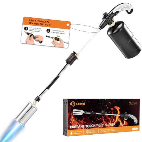 Saker Propane Torch Weed Burner 45 000 BTU Flame Thrower with 30 Curved Handle Comfort Grip Heavy Duty Propane Torch for Weed Control Ice Melting Snow Removal (Propane Tank Not Included)
