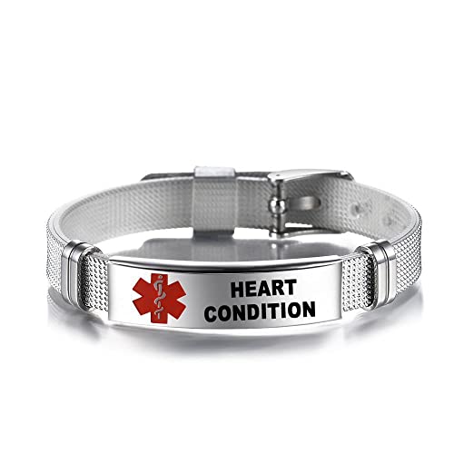 Renyilin Stainless Steel Medical Id Bracelet Grid Watch Strap Design Adjustable Medical Alert Id Emergency First Aid Jewelry (Heart Condition) #TOP21