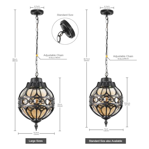 Globe Outdoor Pendant Lights for Porch Patio Garage, Matte Black Aluminum Anti-Rust Hanging Light Fixture, Industrial Round Amber Glass Exterior Chandelier, Outside Pendant Lamp, 2 Pack