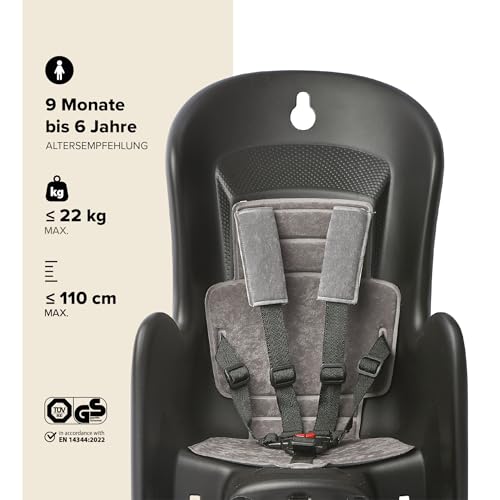 Polisport 8632200029 Bilby CFS AMZ Kinderfahrradsitz Hinten, 9 Monate–6 Jahre, 5-Punkt-Polstergurt, Verstellbare Fußstützen, GUT 2.3 Stiftung Warentest, Passend Für Gepäckträger, Schwarz/Dunkelgrau
