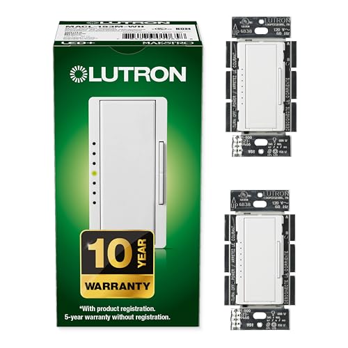 Image of Lutron Maestro LED+ Dimmer Switch for Dimmable LED, Halogen and Incandescent Bulbs, 150W /Single-Pole or Multi-Location, MACL-153M-WH, White (2-Pack)