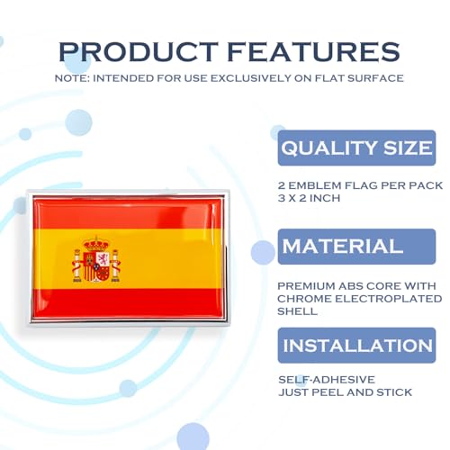 Image of Spain Flag Sticker Emblem Spanish Decal Car Chrome Flags, 2 Pack, 3 x 2 inches