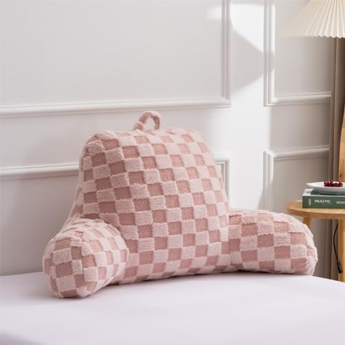 Image of Aimuan Reading Pillow Checkered Bed Rest Wedge Backrest Checkerboard Pillow with Arms Back Support for Sitting Up in Bed Cushion Incline Rest Sleeping Snoring Pillow, Pink