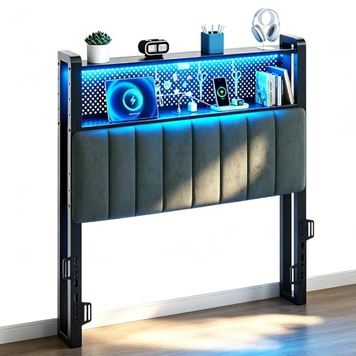 Image of VINGLI Twin or Twin XL Size Headboard, Adjustable Upholstered Headboard with 2 Tier Shelves and Pegboard with Charging Stations and LED Lights, Modern Bed Headboard with Storage for Bedroom Decor