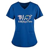 STPT Kasacks Damen Pflege Tunika Kurzarm Schlupfkasack Arbeitsuniform V-Ausschnitt Herz-EKG-Grafikdruck Kasack Schlupfhemd Berufskleidung Bluse mit Taschen, Dark Blue-b, 5XL