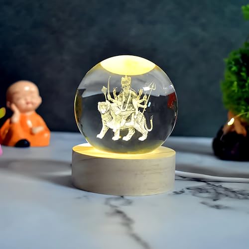 Image of 3D Crystal Ball Night Light with Wooden Base, Aesthetic Clear LED Lamp for Home and Bedroom Touch Switch, Warm Light for Kids and Teens Perfect Birthday & Anniversary (Durga MATA)