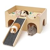 GHWMYD Meerschweinchen Haus aus Holz Mit Rampe & Hängematte, Versteck für Zwerg Hamster Rennmäuse Degus Stachelmäuse Kaninchen, Kleine Haustiere Spielzeug Zubehoer, 18x38x25cm