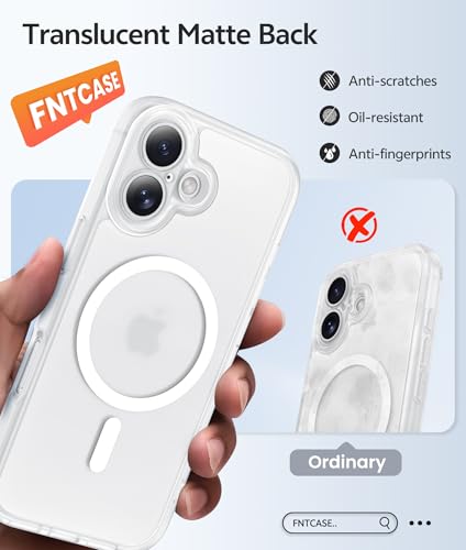 Image of FNTCASE for iPhone 16 Case: [Compatible with Magsafe] Translucent Matte Cases with [Full Camera Protection] [Screen Protector] Military Grade Shockproof Protective Phone Cover - White