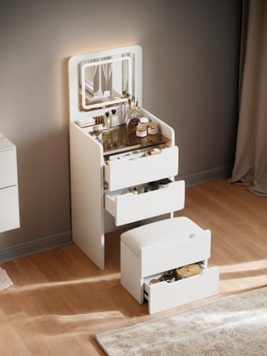 KEIKI Vanity Desk with Plip Top Mirror, 3 in 1 Make Up Vanity Set with 3 Drawers, Dressing Table with Stool for Bedroom, White