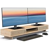 WELL WENG Support pour écran avec porte coulissante, support pour ordinateur portable, étagère de bureau avec espace de rangement (bambou naturel, 96.7 cm)