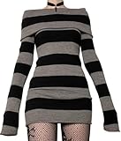 Betrodi Women Gothic Dresses Long Sleeve Off Shoulder Knitted Mini Dress Punk Dark Academia Y2k Retro Grunge Short Dresses (A Black, Large) - Image 1