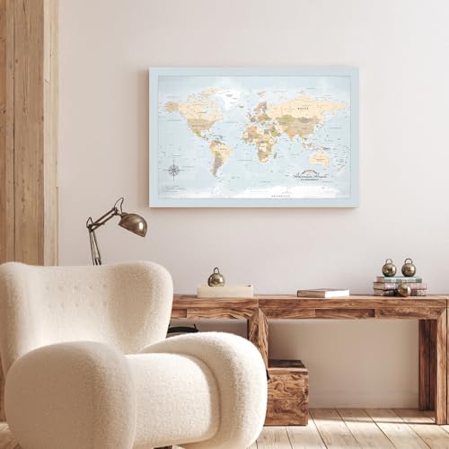 Image of IPIC - Blue Ocean World Map Pin Board Canvas Wall Art, Travel Map with Pins Included, Ready to Hang for Home or Office 24x16 Inch