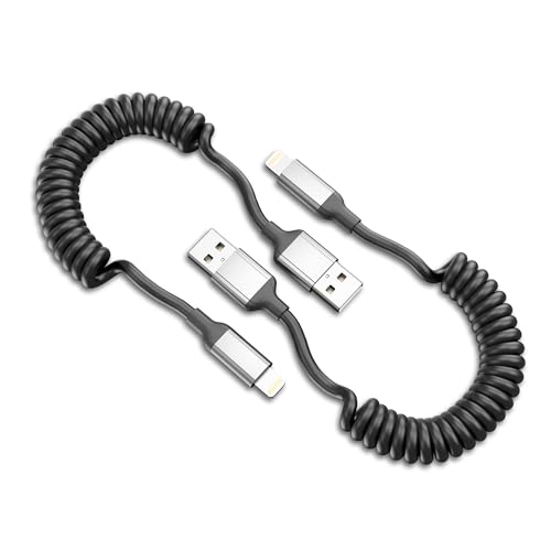 Coiled Lightning Cable [30cm-60cm] 2 Pack 2.4A Short USB A to iPhone Charging Cable Retractable Fast Charging Cord for Apple Carplay for iPhone 14 13 12 11 Pro Max 8 7 6 Plus X SE Black-Grey