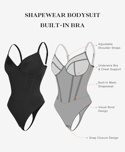 Popilush Corset Bodysuit Built in Bra - V Neck Bodysuits for Women Tummy Control Thong Shapewear Concert Outfits Club Tops3