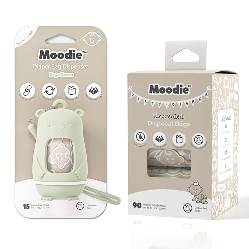 Image of Moodie Teddy Bear Diaper Bag Dispenser w/Silicon Strap (SAGE GREEN) & 6 Refill Roll PACK (UNSCENTED - 105 Bags TOTAL) | Diaper Bag Essential Items
