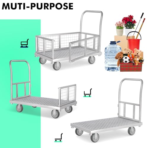4-in-1 Platform Truck Cart with Cage, Multi-Purpose Heavy Duty Steel Flatbed Cart with 2200lbs Capacity Platform Hand Truck 6" Wheels Push Cart Dolly for Groceries, Garage, Warehouse (41“L x 24" W)