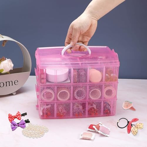 Image of PAXCOO Pink 3-Tier Stackable Storage Containers with lids - 30 Adjustable Compartments for Craft Organizers - Storage box for Jewelry, beads, kids toys, makeup box and sewing supplies
