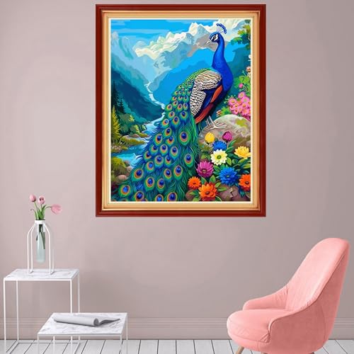 Image of Foxhool Stamped Cross Stitch Kits,11CT Printed Cross Stitch Pattern Full Embroidery Kits for Beginner Needlepoint Kits-Peacock Scenery 16x20 inch