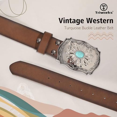 Women's Western Leather Belt Vintage Turquoise Buckle Brown Belt Cowboy Cowgirl Faux Leather Belt3