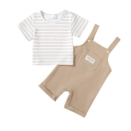 Image of ZOEREA Toddler Baby Boys Clothes Summer Outfit Stripe T-Shirt and Shortall Romper Set Cute Jumpsuit Solid Color 6M-4T
