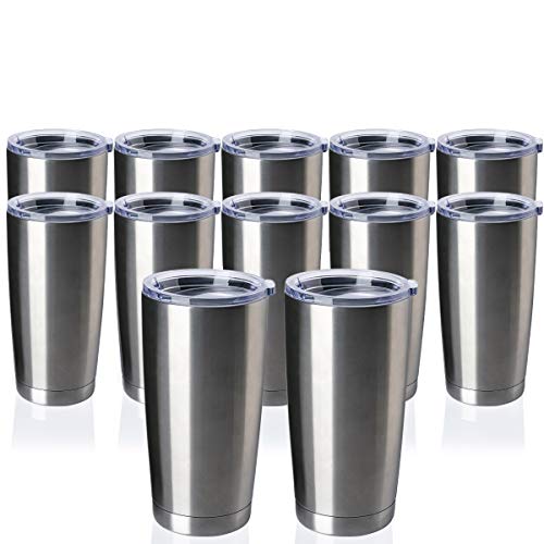 TDYDDYU 12 pack 20 OZ Double Wall Stainless Steel Vacuum Insulated Tumbler Coffee Travel Mug With Lid, Durable Powder Coated Insulated Coffee Cup for Cold & Hot Drinks (Silver, 12 pack)
