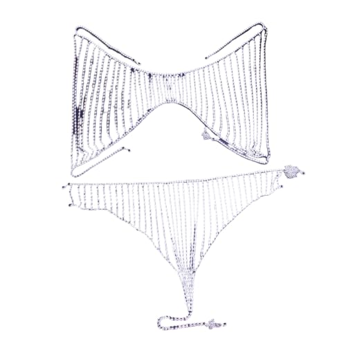 Sexy Diamond Chest Chain Bra Panties Sparkly Rhinestone Body Chain Crystal Bikini Chest Jewelry Lingerie Woman Nightclub Clothing (Silver)