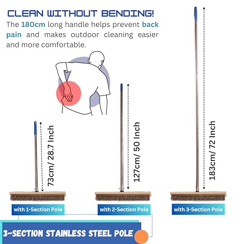 Image of Stainless Steel Wire Heavy Duty Brush 50 cm | Metal Wooden Brush with 70 inch Long Stainless Steel Pole for Floor, Swimming Pool, Terrace, Bathroom, Garden, Block, Moss, Stains Cleaning