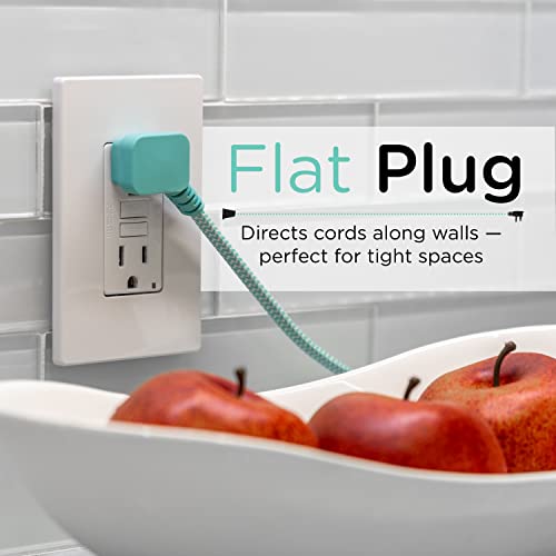 Cordinate Designer 3-Outlet Extension Cord, 8 Ft Braided Cable, 2-Prong Power Strip, Slide-To-Lock Safety, Low-Profile Flat Plug, Polarized, Etl Listed, White/Mint, 39983-T1 #TOP4