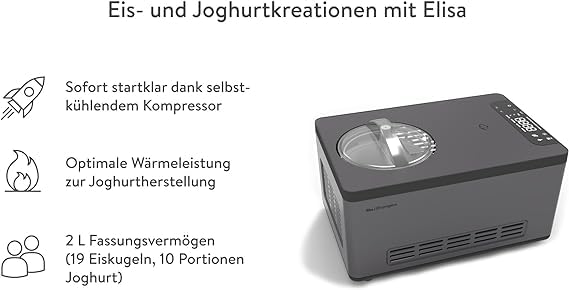 SPRINGLANE Eismaschine & Joghurtbereiter Elisa 2,0 L mit selbstkühlendem Kompressor 220 W, aus Edelstahl mit Kühl- und Heizfunktion, inkl. Rezeptheft (Elisa Anthrazit + 4 Eisbehälter Mini Mint) – Bild 3