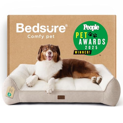 Image of Bedsure SupportMax Orthopedic Dog Beds Large Sized Dog - Extra Thick Supportive Large Dogs Bed with Waterproof Washable Cover, L Plus Comfort Pet Sofa with Soft Sherpa and Nonskid Bottom, Beige, 38 inch