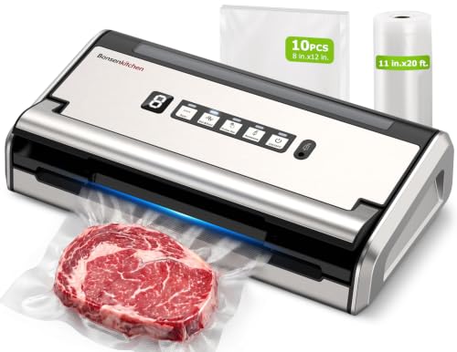 Image of Bonsenkitchen Vacuum Sealer for Food, One-Hand Operation Food Vacuum Sealer Machine with Digital Timer, 0.2-inch Wider Seal, Built-in Cutter and Bag Storage for Meal Prep, 1 Roll Bag & 10 Pre-Cut Bags